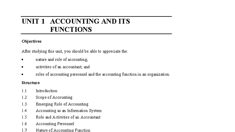 UNIT 1 - ACCOUNTING AND ITS FUNCTIONS: A Comprehensive Overview - Studocu