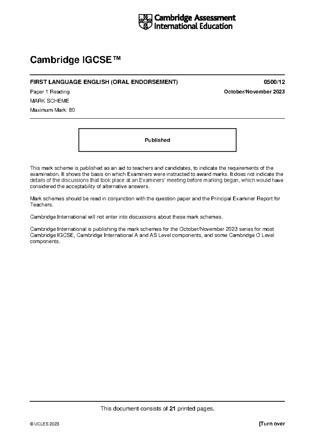 Cambridge IGCSE 0500 Paper 1 Reading 2023 Mark Scheme Analysis - Studocu