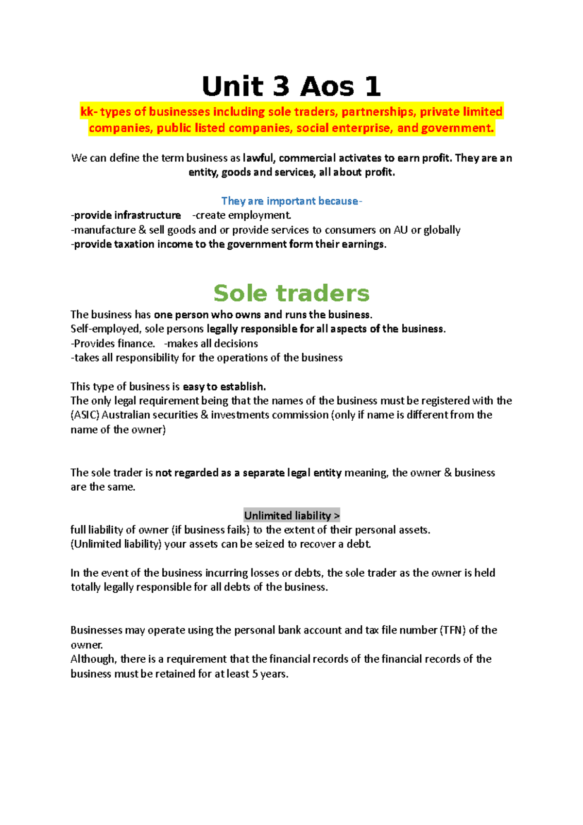 Unit 3 Aos 1 - Types of Businesses and Their Structures Explained - Studocu