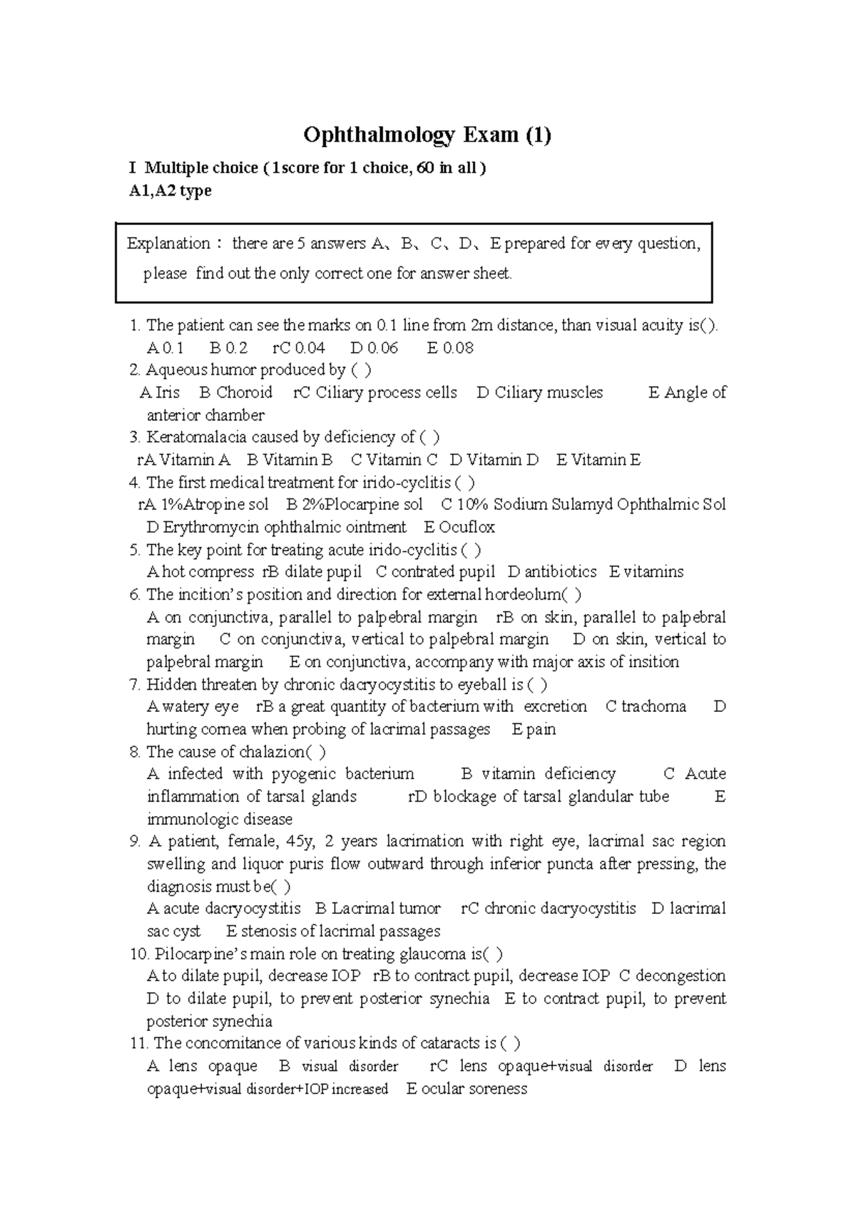 Ophthalmology Exam (1) I Multiple Choice Questions with Answers - Studocu
