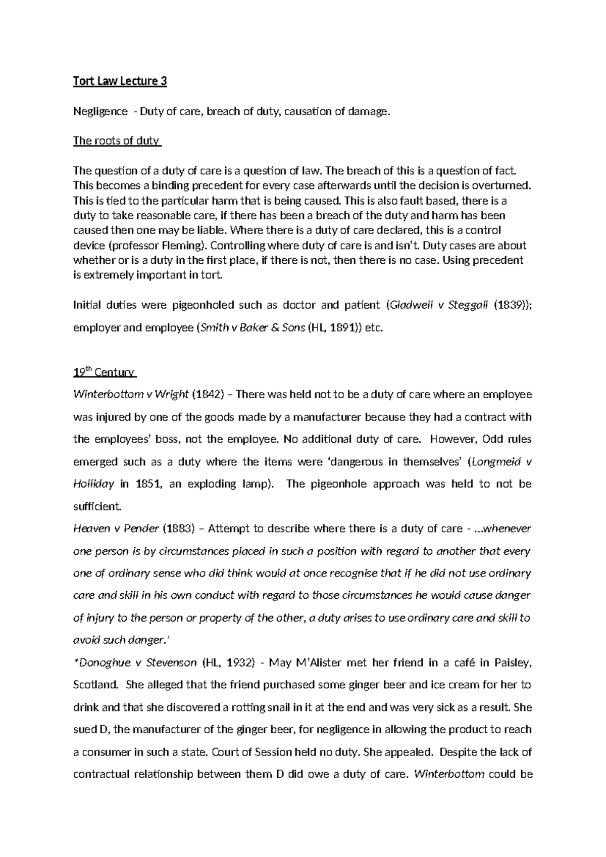 Tort Law Lecture 3: Negligence and the Roots of Duty of Care - Studocu