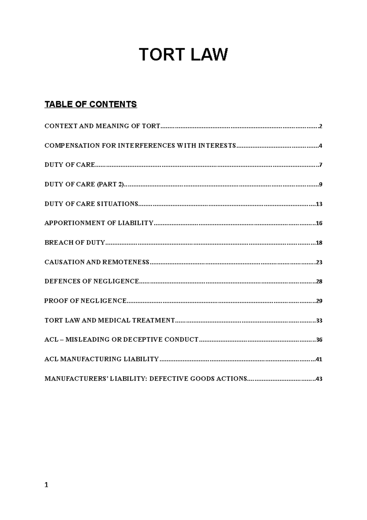 TORT LAW Exam Notes - Comprehensive Overview & Key Concepts - Studocu