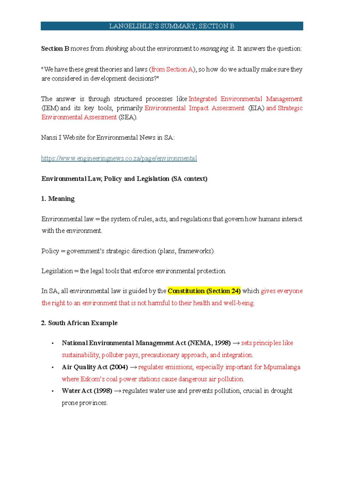 Integrated Environmental Management (IEM) & Case Studies in SA - Studocu