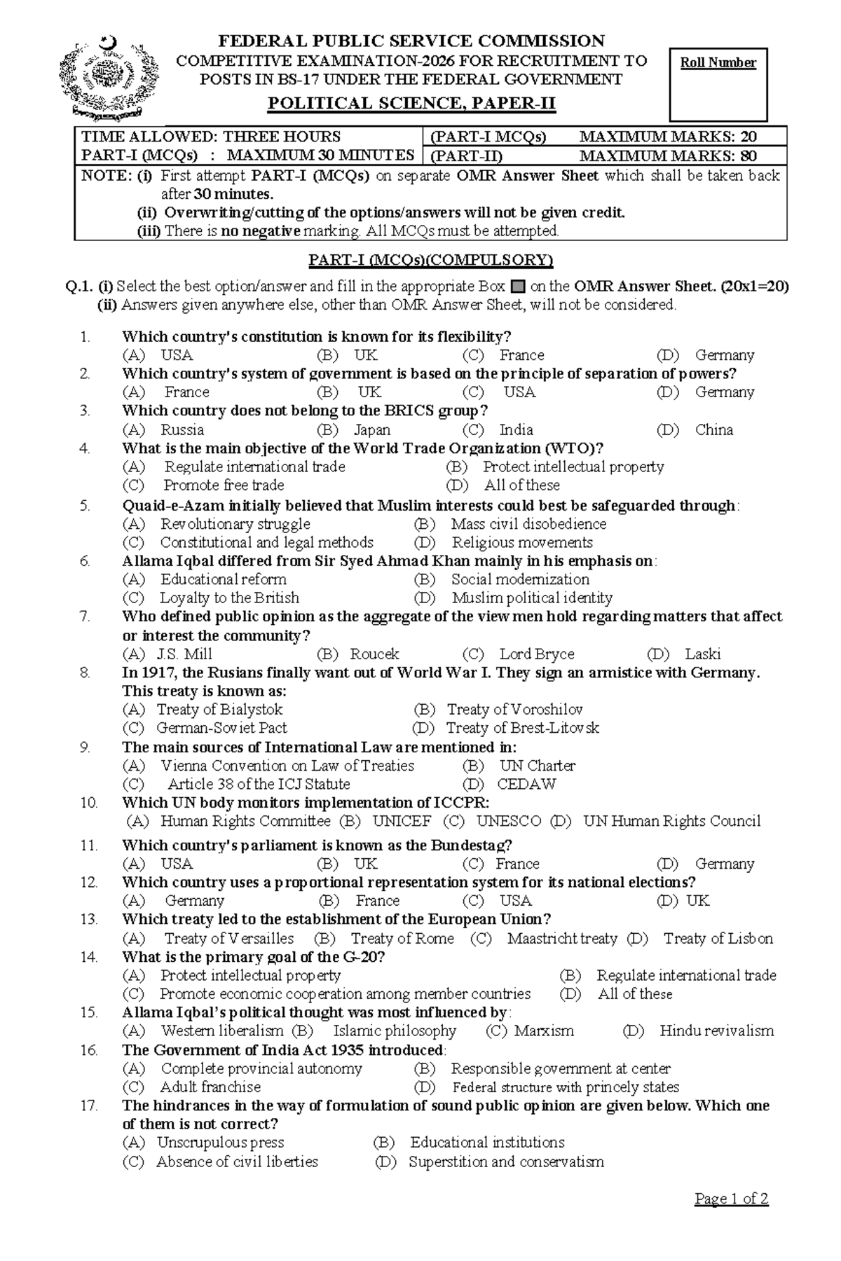 CSS POLITICAL SCIENCE PAST PAPER: MCQs & EXAM FORMAT - Studocu