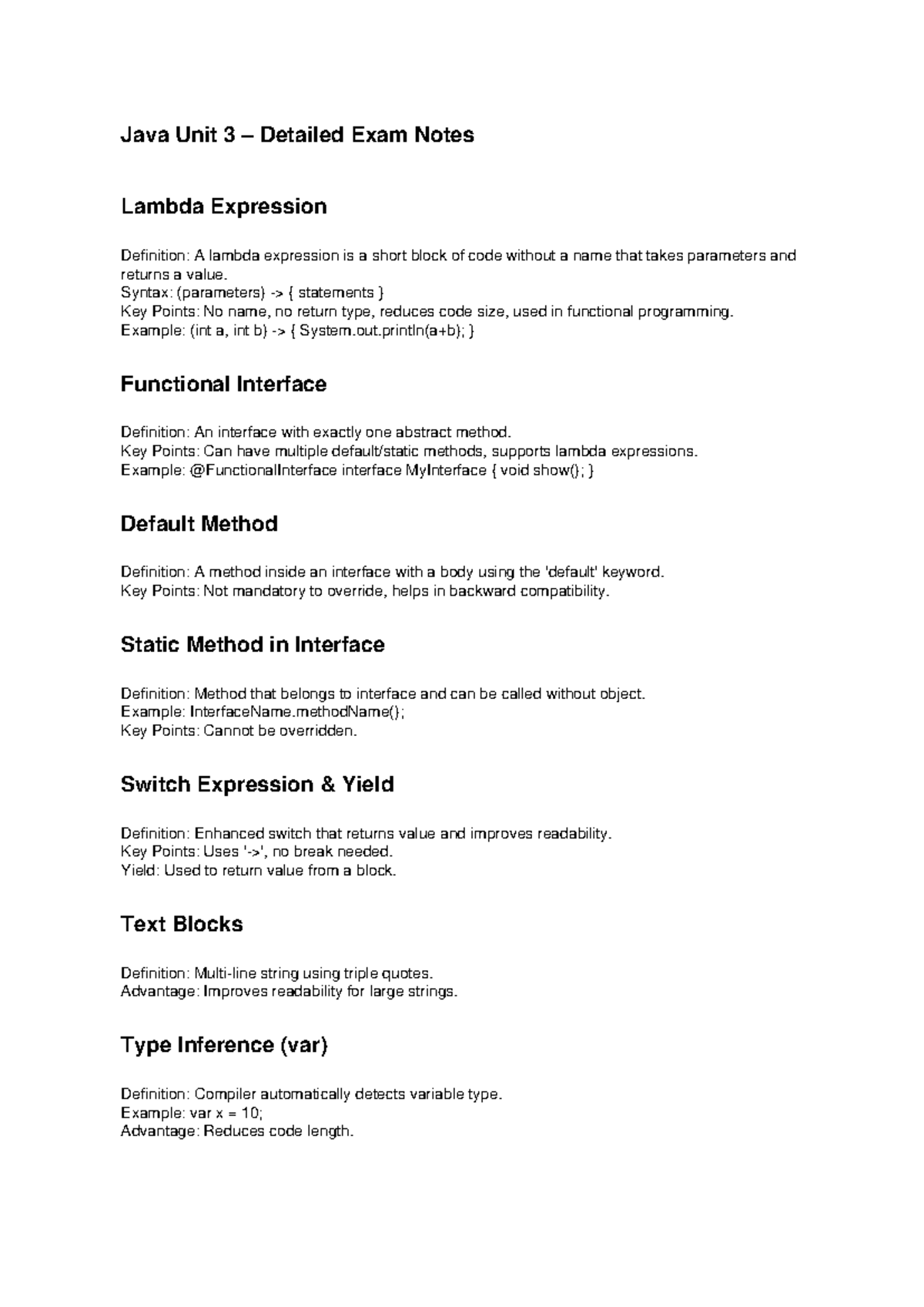 Java Unit 3 Exam Notes: Lambda Expressions & Key Concepts - Studocu
