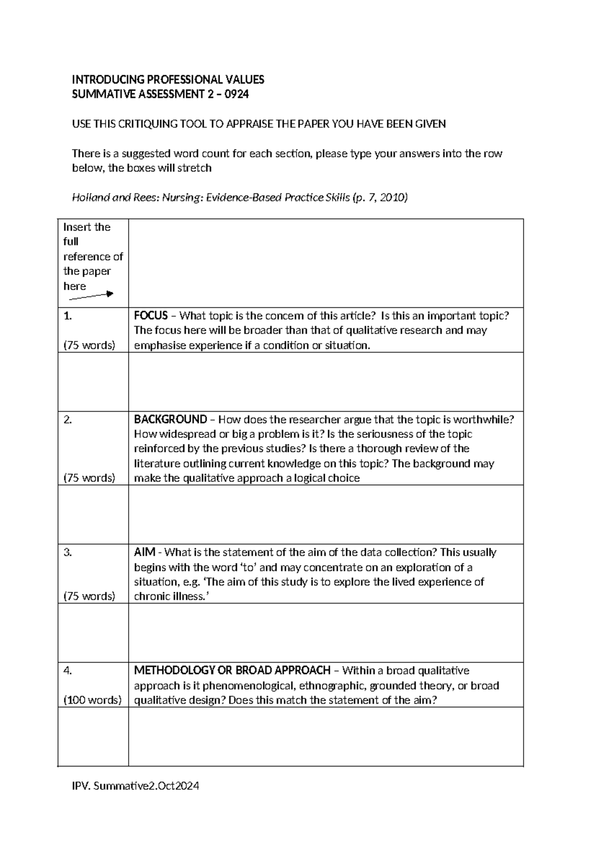 Professional Values Summative Assessment 2 (IPV) - Critiquing Tool ...
