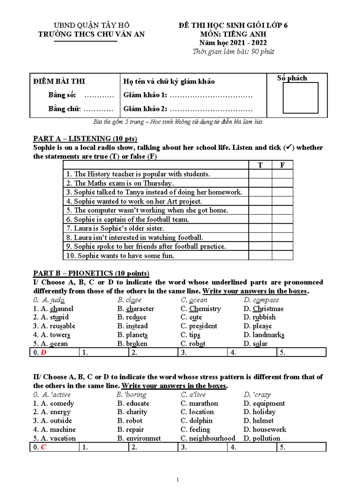 Đề Thi Học Sinh Giỏi Tiếng Anh 6 - THCS Chu Văn An, Hà Nội 2021-2022 - Document Preview