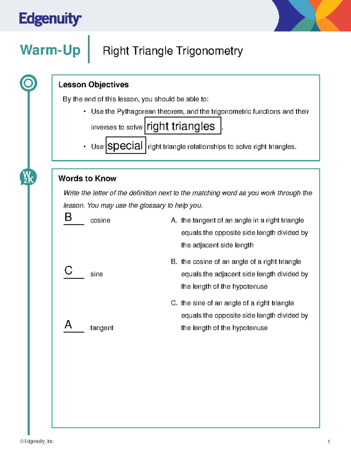 1-3 Right Triangle Trigonometry Lesson Objectives and Key Concepts ...