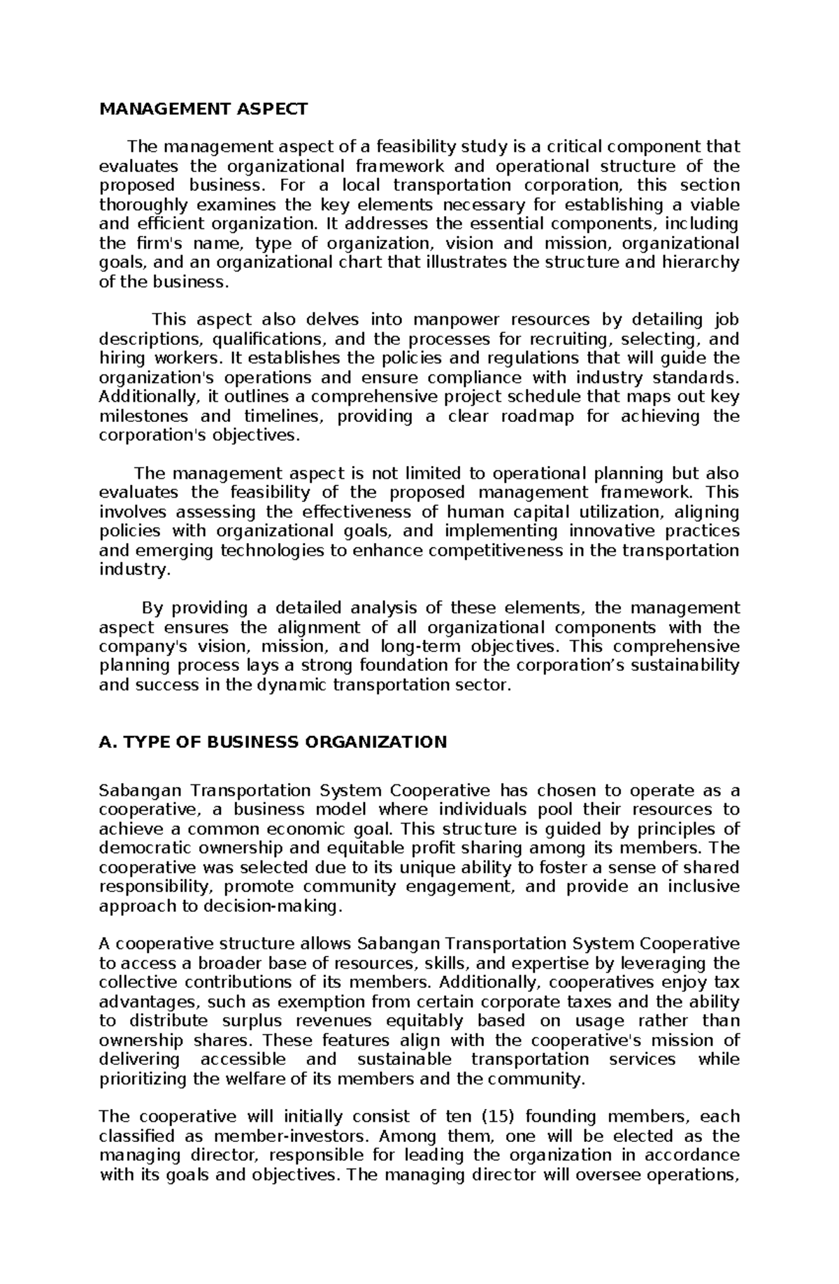 Management Aspects of Feasibility Study for TRANSPORT 101 - Studocu