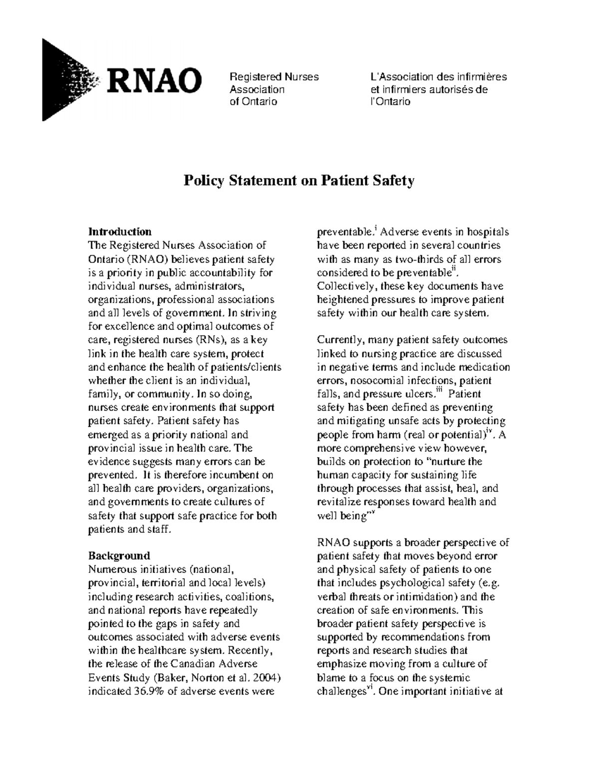 Patient safety RNAO - It’s a document on rnao for a group assignemnt ...