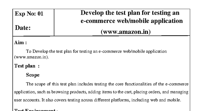 Exp 01 STA - Test Plan Development for Application Testing - Studocu