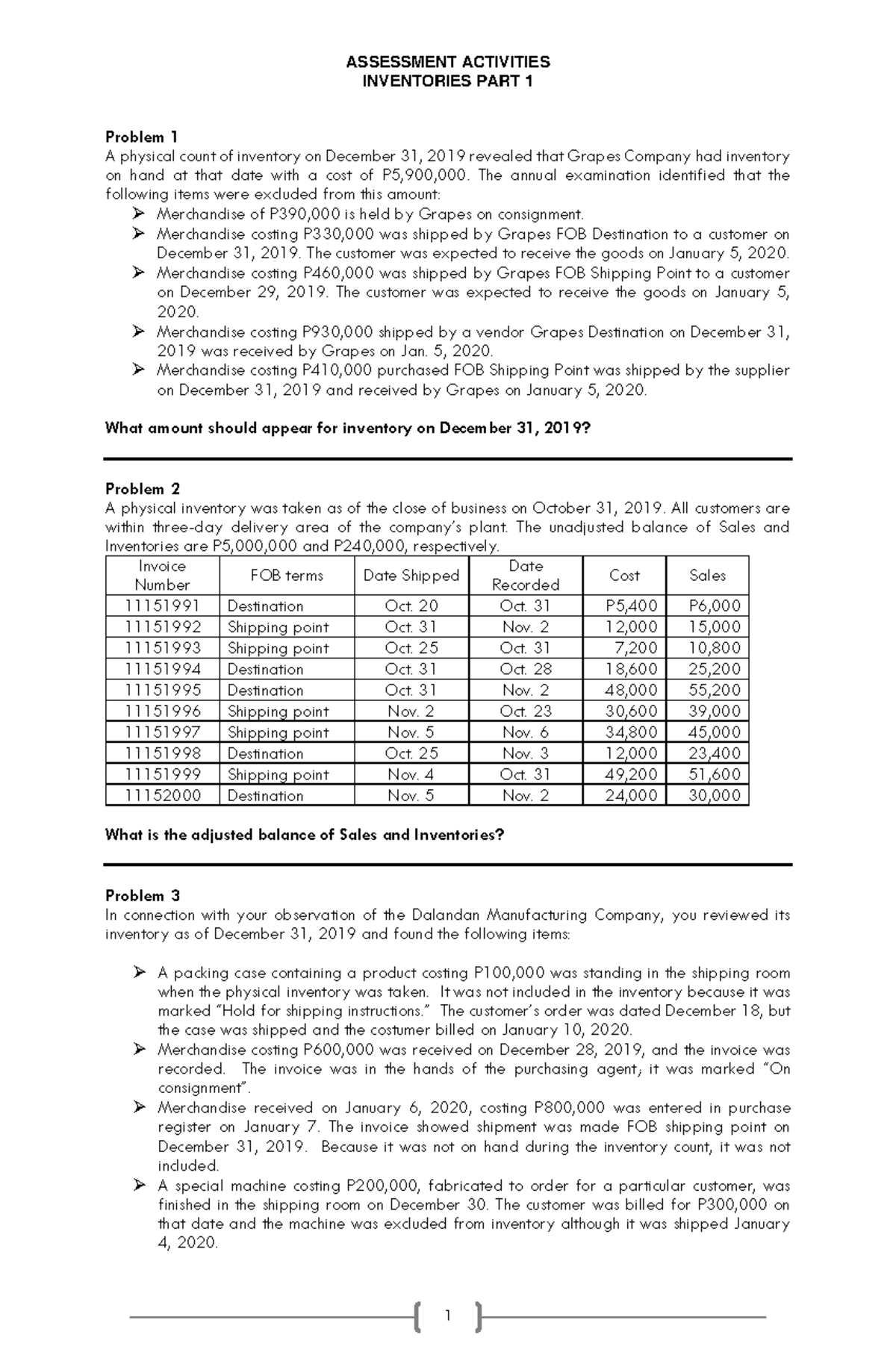Assessment Activities: Inventories (Part 1) Analysis and Problems - Studocu