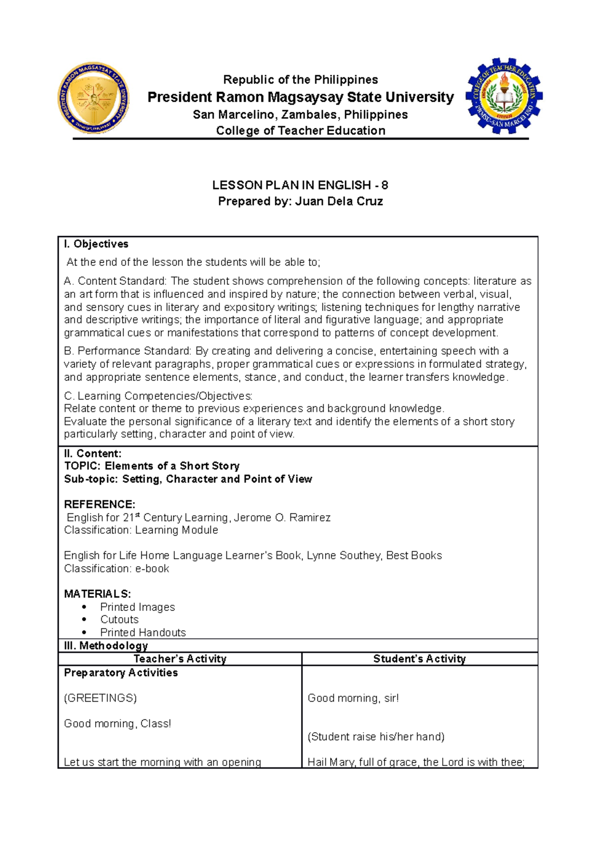 Lesson Plan - Understanding Elements of a Short Story (ENG-8) - Studocu