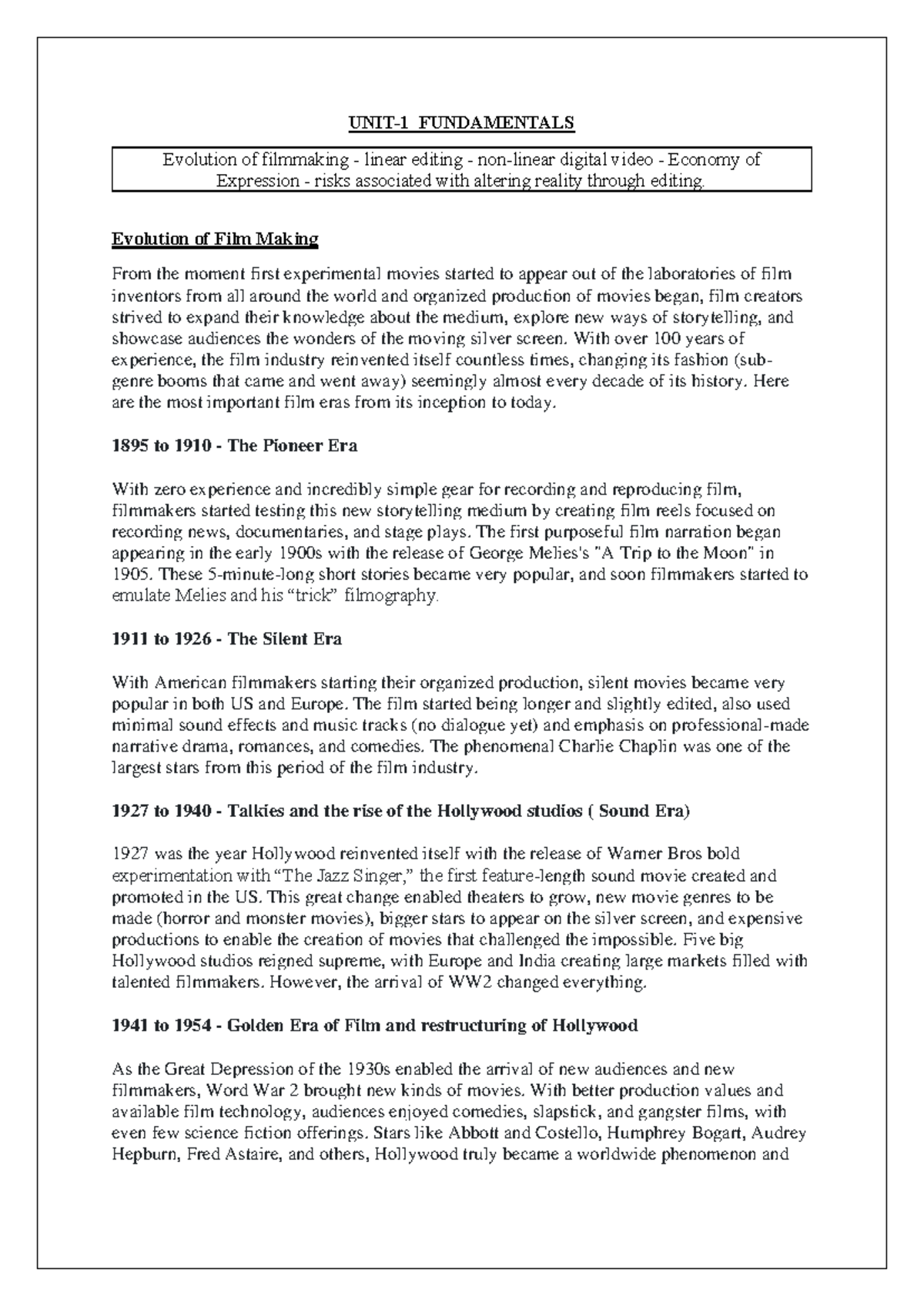 VCE Film Making Fundamentals Notes - Units 1-5 Overview - Document Preview