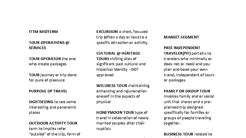 ITTM MIDTERM TOUR OPERATIONS SERVICES OVERVIEW AND ITINERARY - Studocu