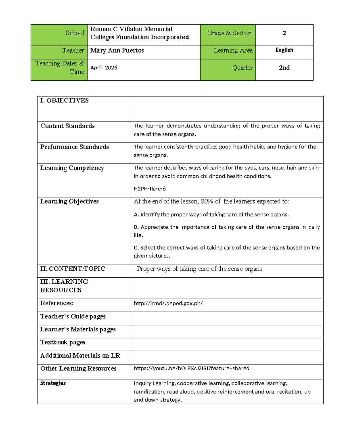 Teaching Plan: Caring for Sense Organs - Grade 2 English (Q2) - Studocu
