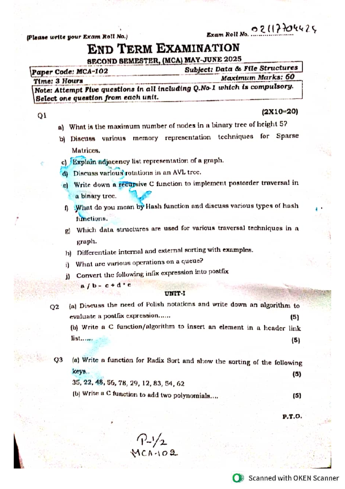 MCA 2025 End Term Exam: Data File Structures Paper Code Exam Guide ...