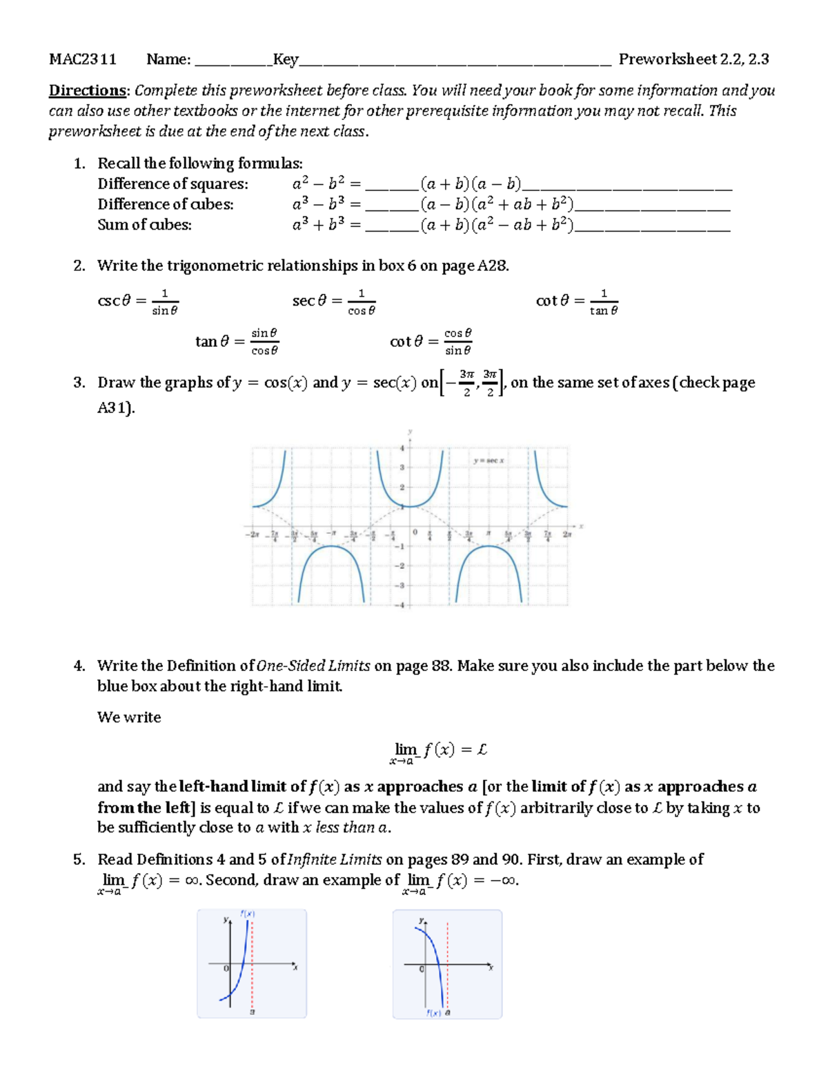 MAC2311 Preworksheet 2.2 & 2.3 Solutions and Key Review Notes - Studocu