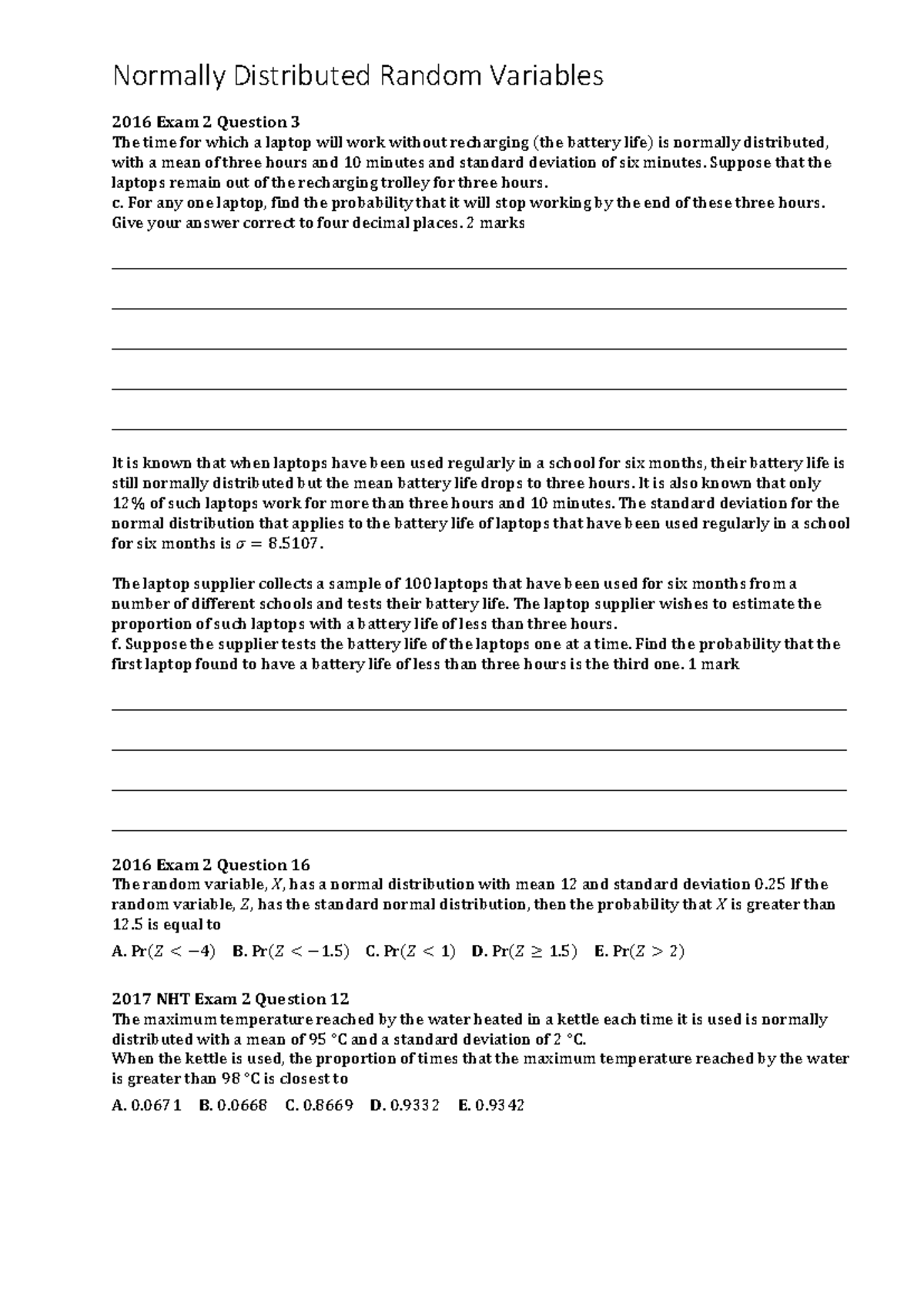 Normally Distributed Random Variables: 2016-2023 Exam Questions ...