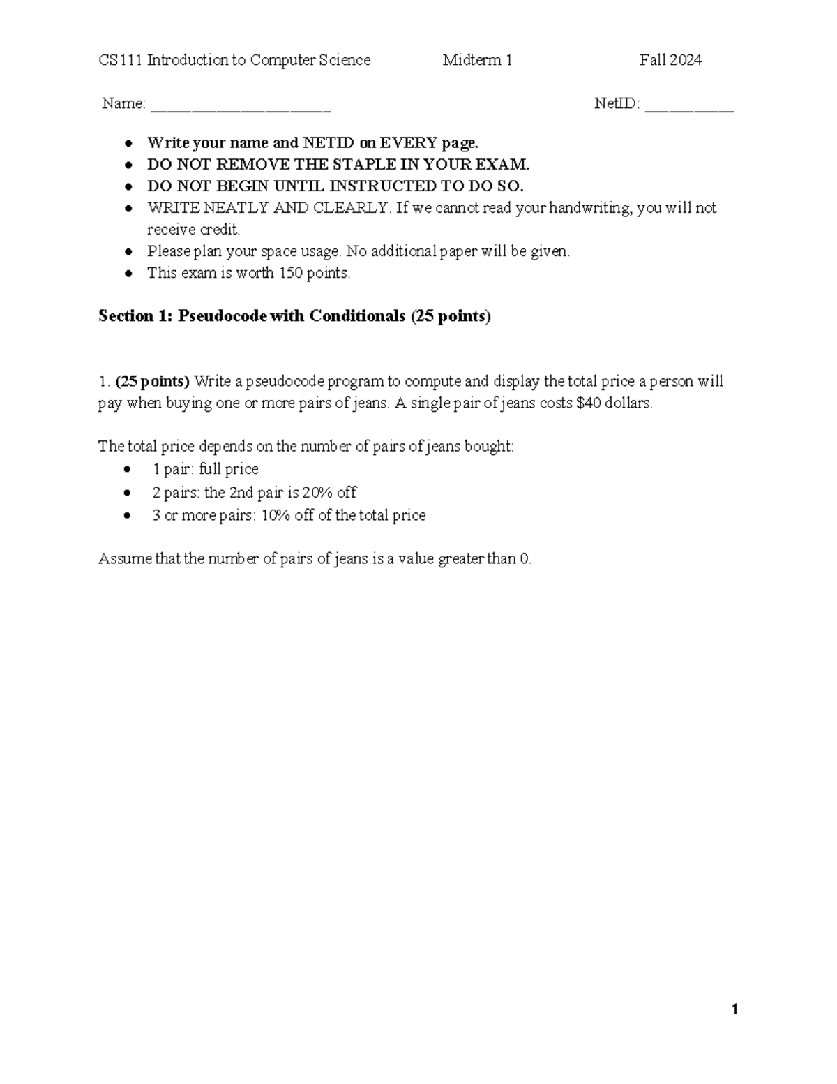 F24 - Introduction to Computer Science Midterm 1 Exam - Studocu