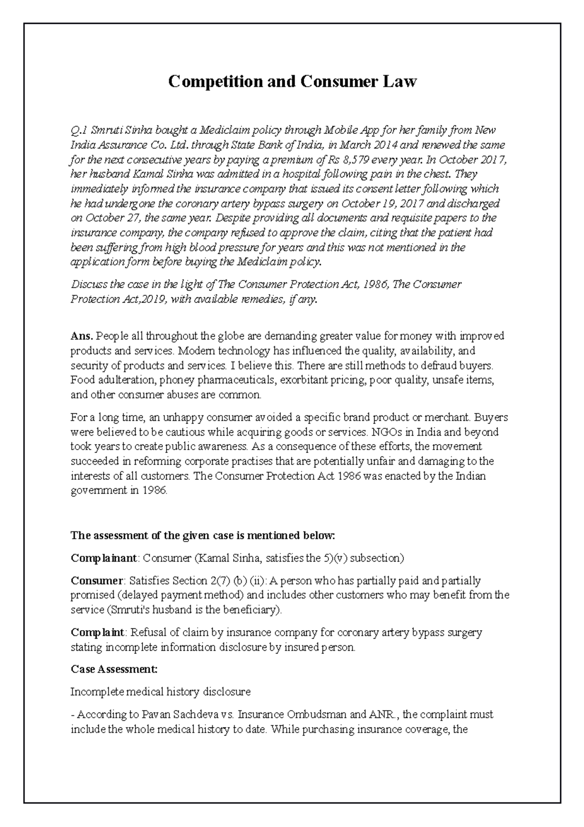 CCL - Analysis of Consumer Rights in Insurance Claims Case Study - Studocu