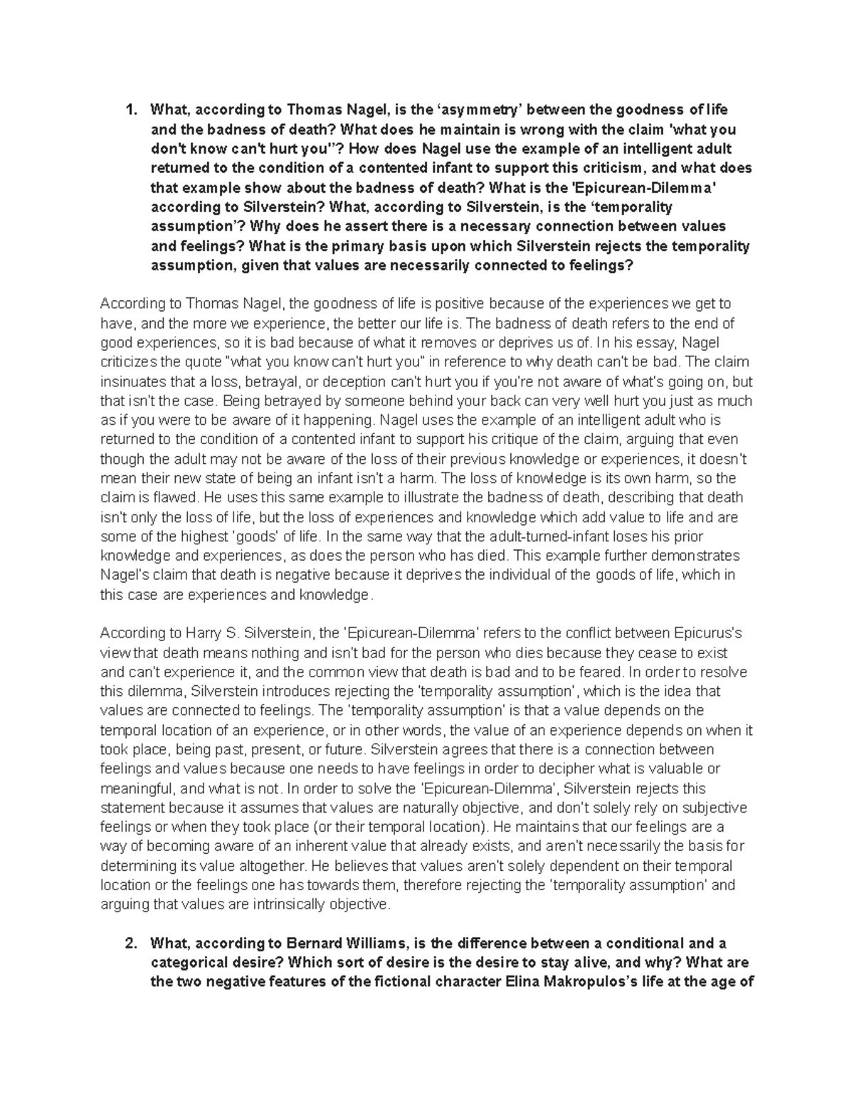 Philosophy 2073 Final - What, according to Thomas Nagel, is the ...