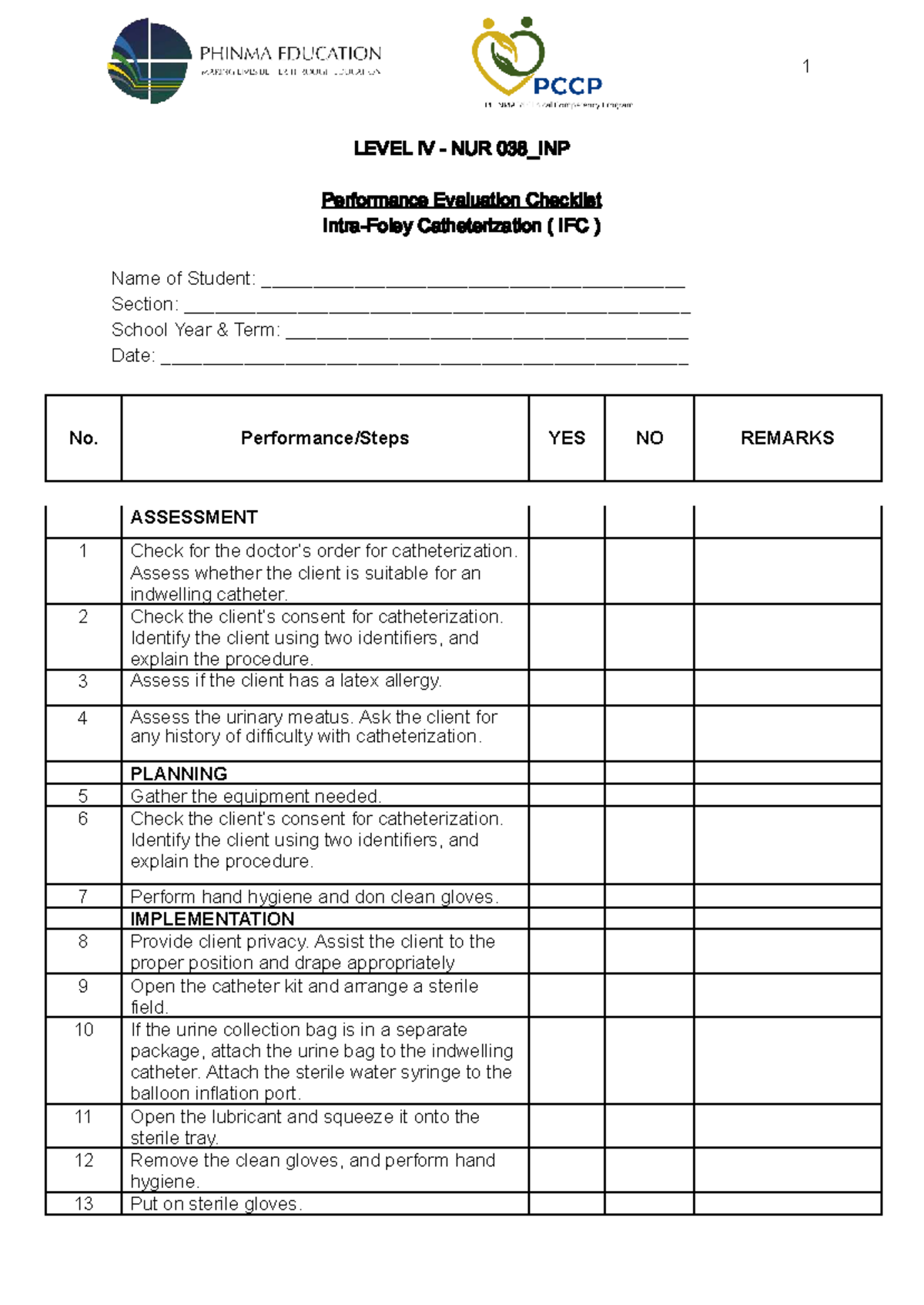 NUR 038 INP Catheterization Performance Evaluation Checklist - Studocu