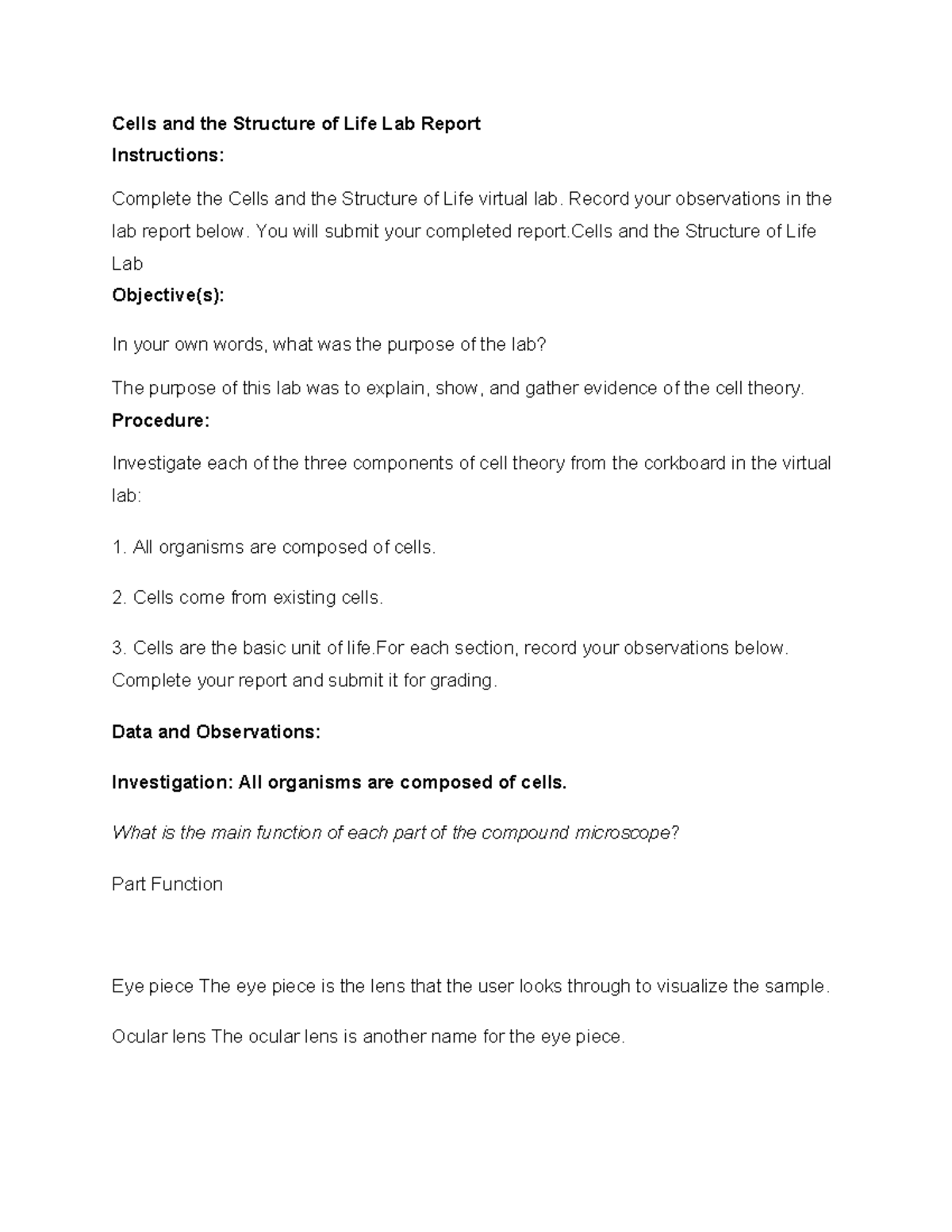 Cells and the Structure of Life Lab Report Instructions - Studocu