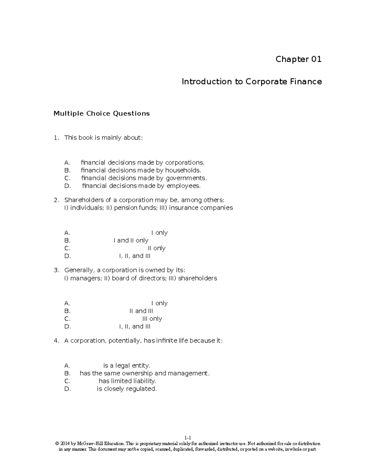 Corporate Finance Chapter 01 Test Bank Questions and Answers - Studocu