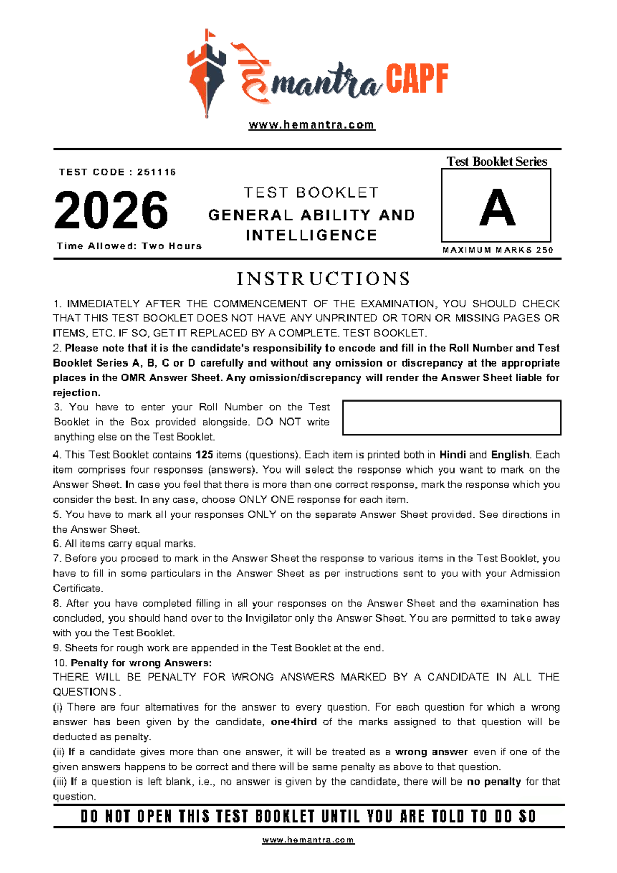 CAPF Test Booklet Series: General Ability & Intelligence Test 2026 ...