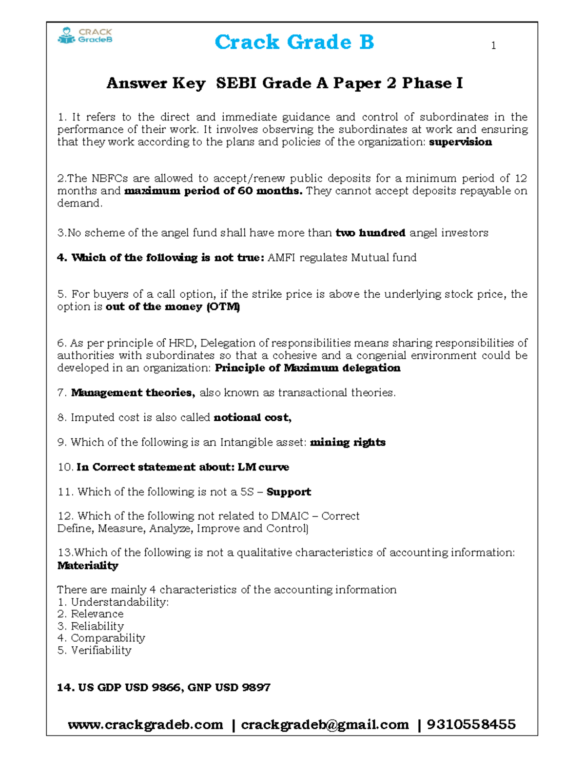 All 50 Questions Answer key Paper 2 Phase I SEBI 2022 - Answer Key SEBI ...