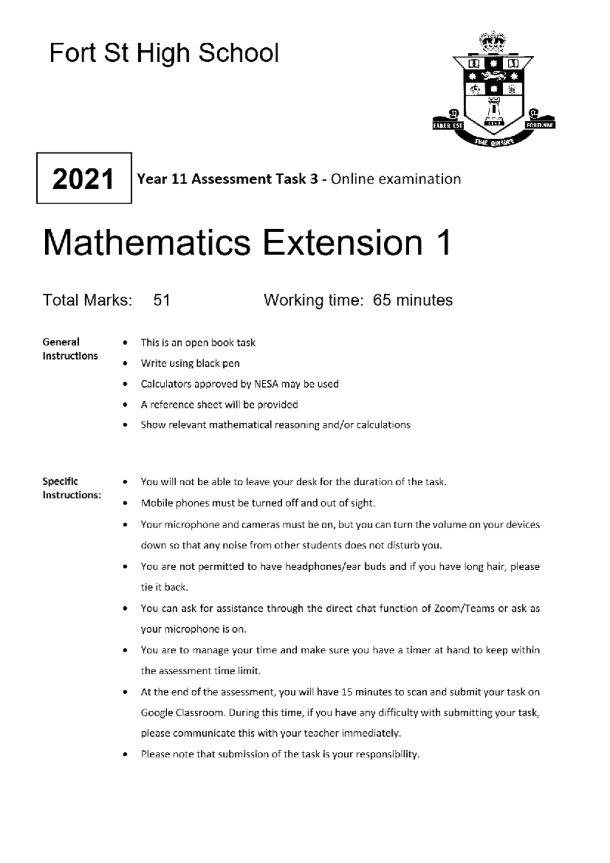 Fort St High School Year 11 Math Ext 1 Assessment Task 3 Solutions 2021 ...