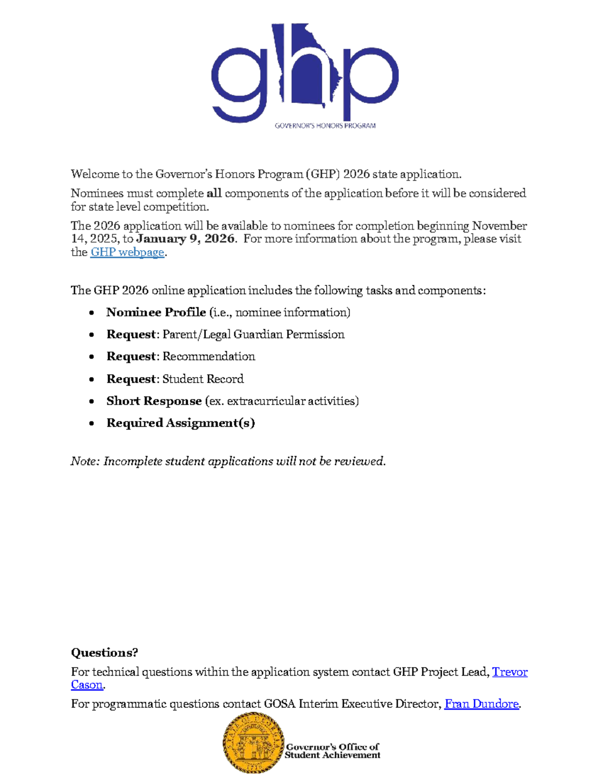 GHP 2026 Honors Program State Application Guidelines - Studocu