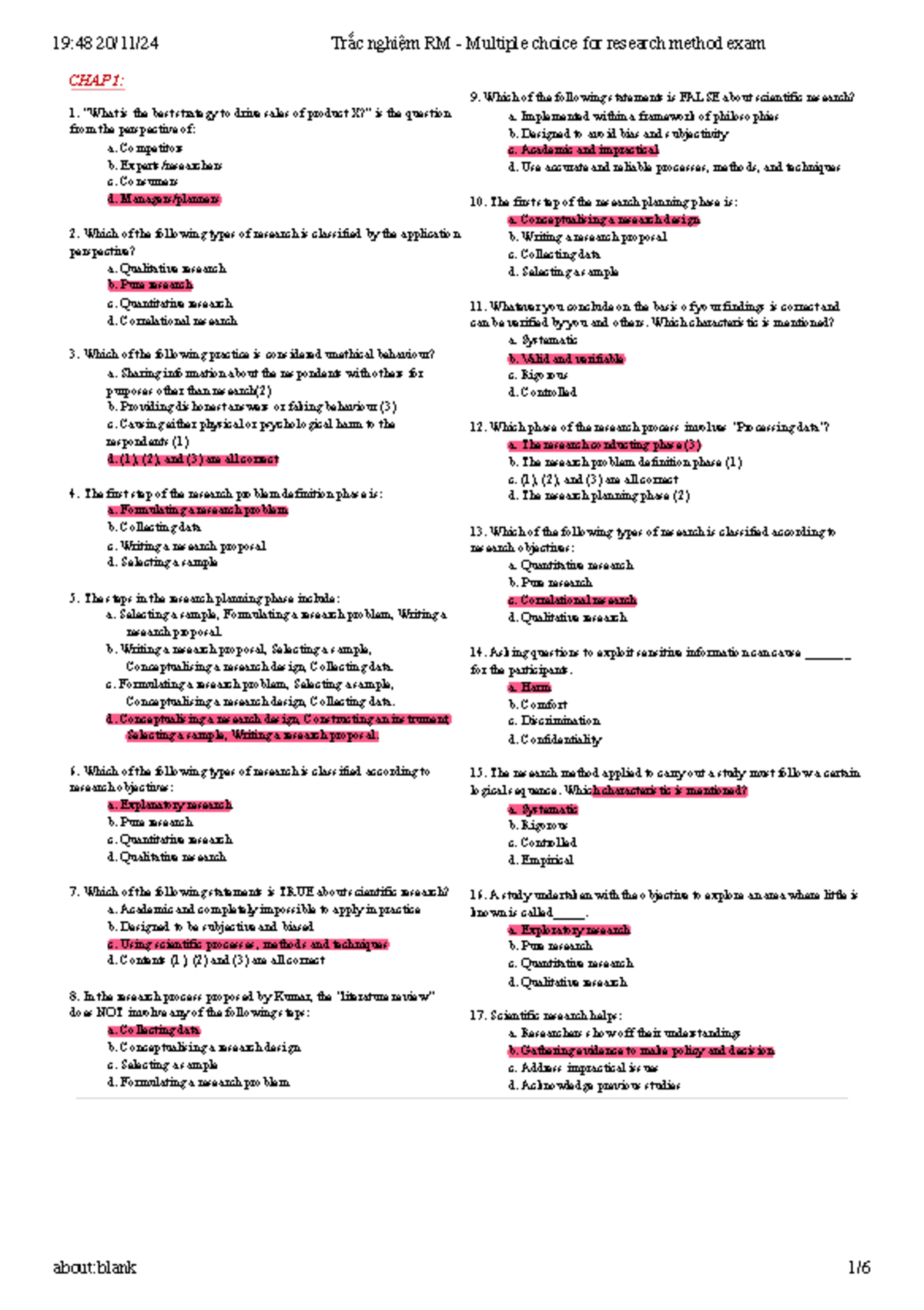 Trắc nghiệm RM Multiple choice for research method exam - CHAP 1: “What ...