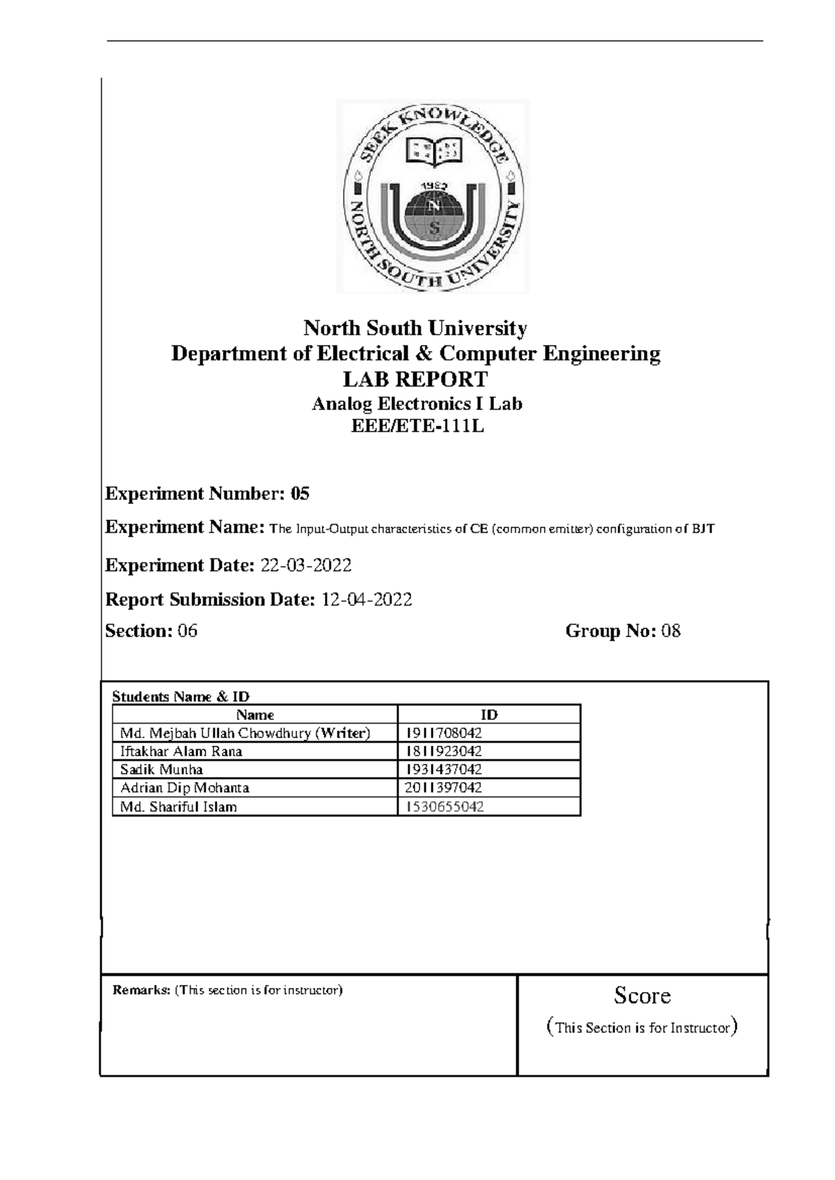EEE/ETE-111L Lab Report: Input-Output Characteristics of CE ...