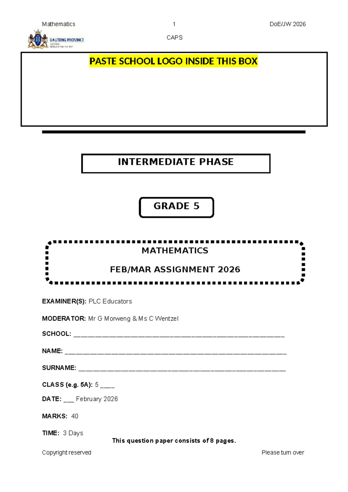 Grade 5 Mathematics Assignment 2026 - Term 1 - Studocu