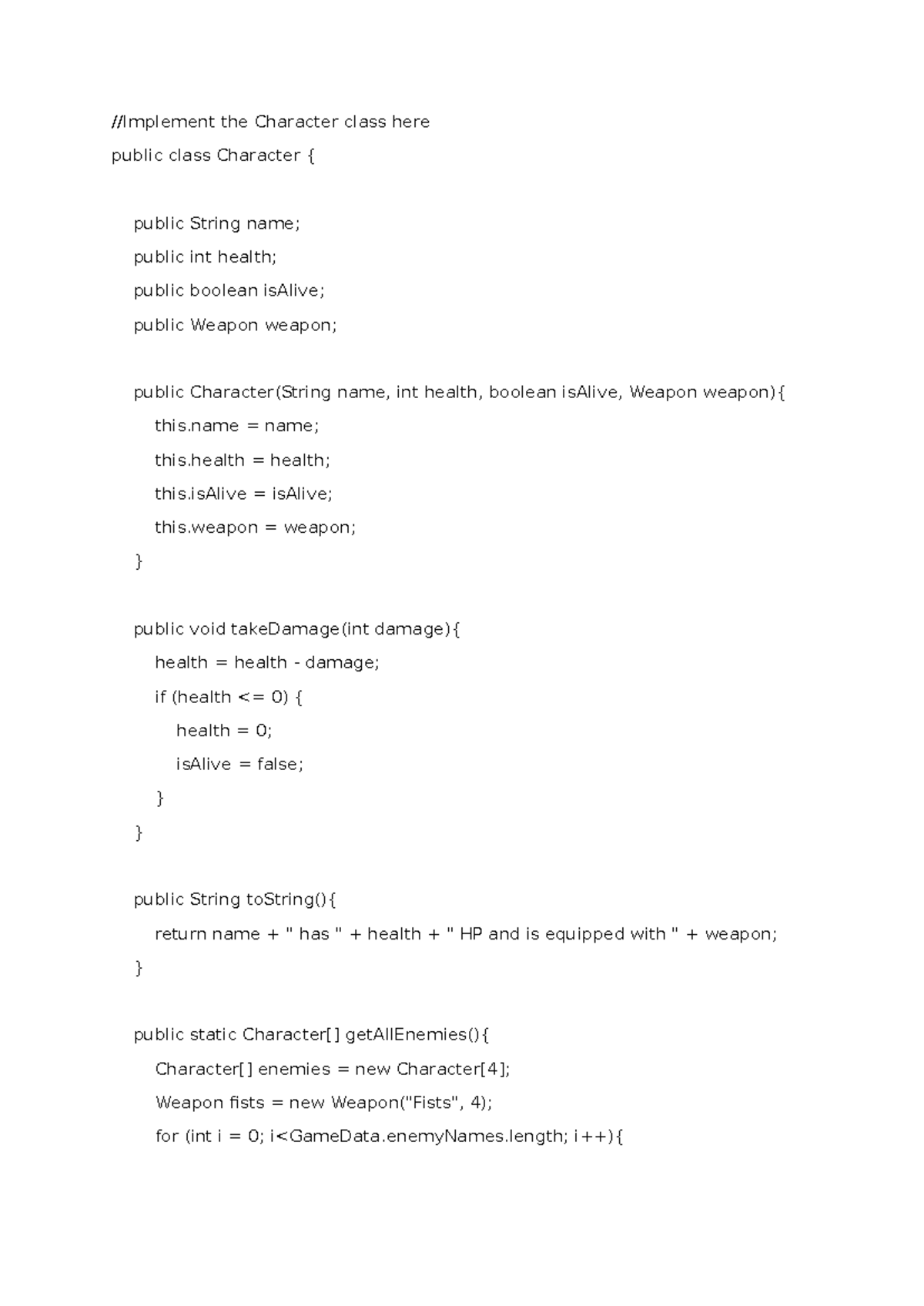 CS101 Character and Weapon Class Implementation Assessment Q2 - Studocu