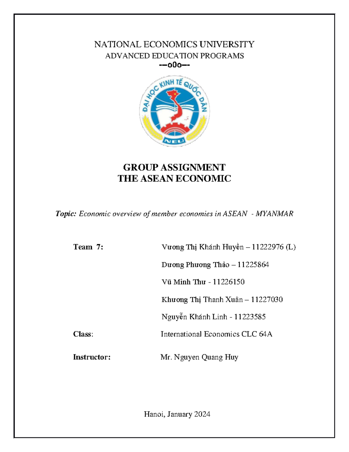 Myanmar's Economic Overview within ASEAN: A Group Assignment (IEC 64A ...