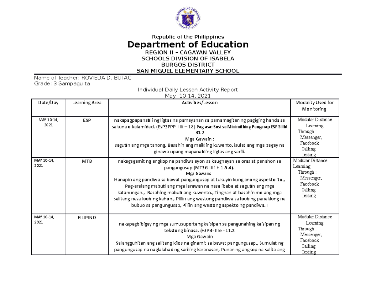 Individual week 7 - idlar - Republic of the Philippines Department of ...