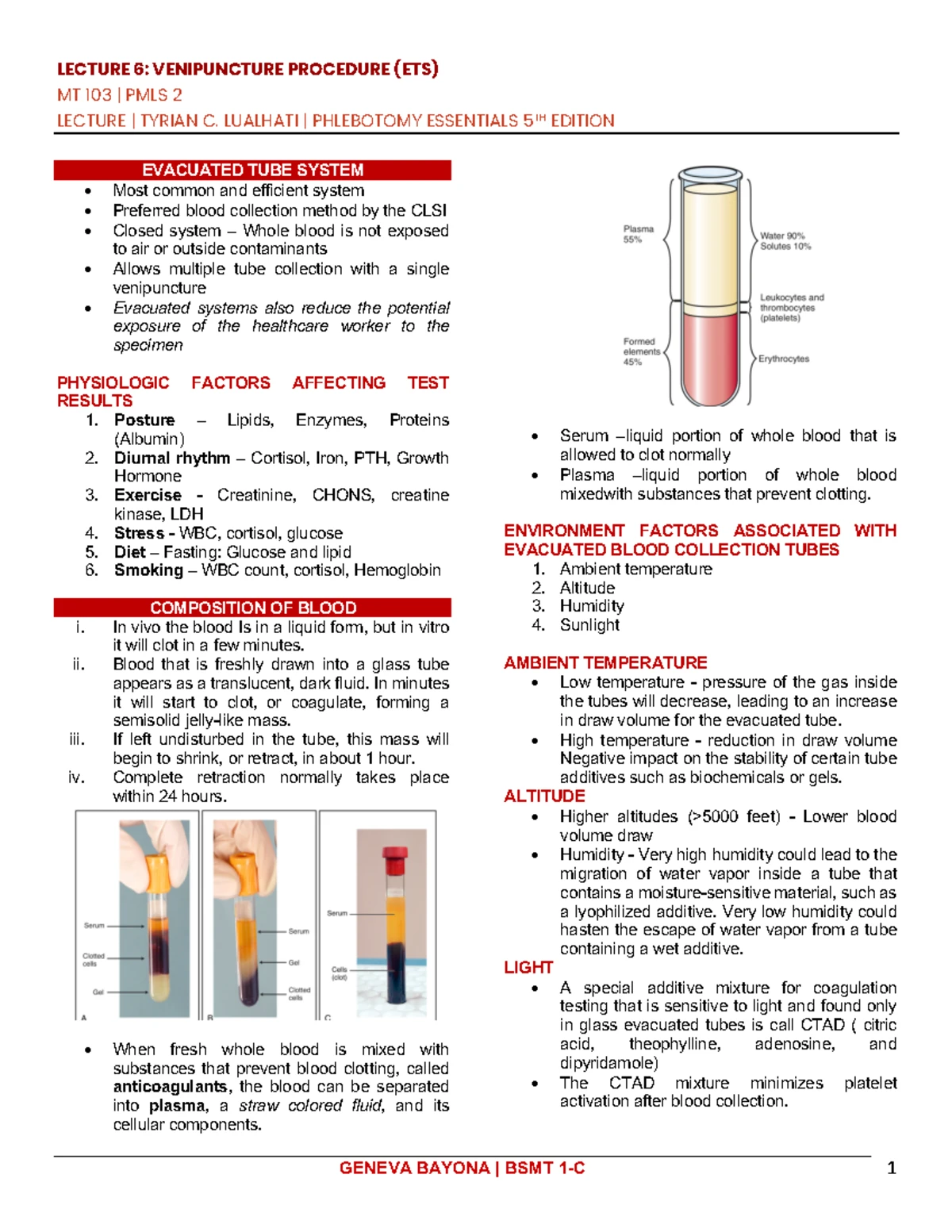MT 103 PMLS 2: Lecture on Blood Collection Equipment & Additives - Studocu
