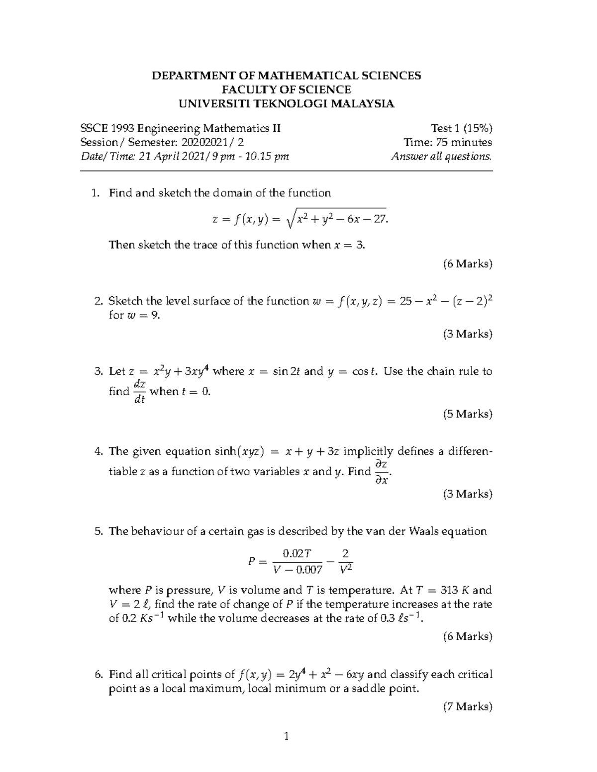 Engineering Mathematics II (SSCE 1993) Test 1 Review Notes - Studocu