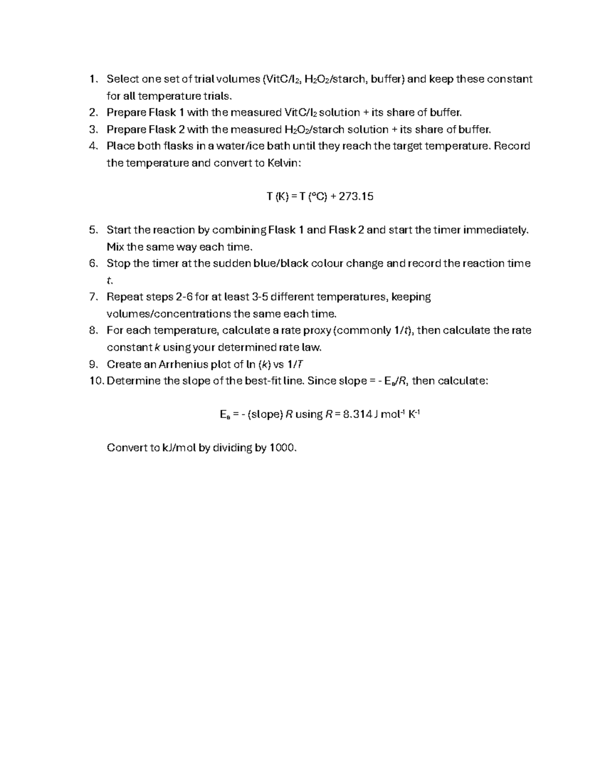 Experiment 3 Pre-Lab Assignment: Reaction Rates & Arrhenius Plot (CH111 ...