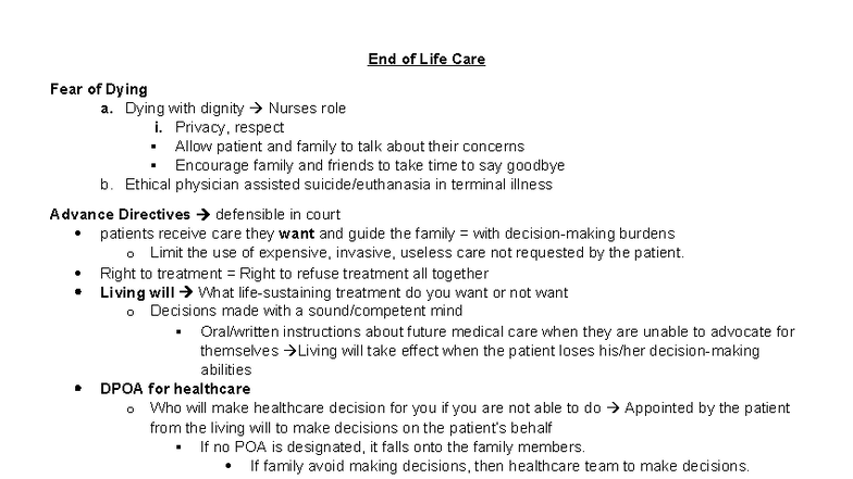 Cancer: End of Life Care and Ethical Considerations - Studocu