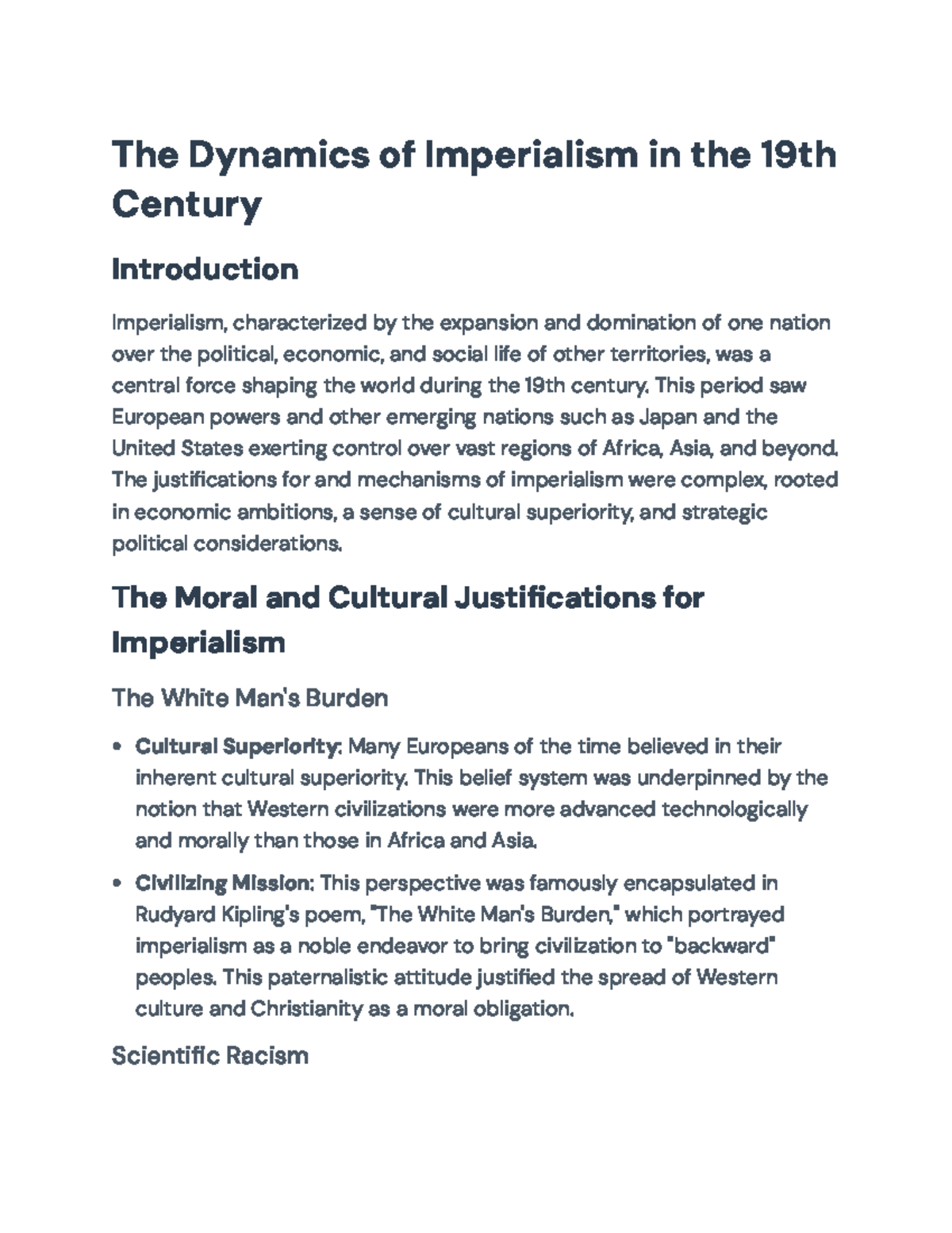 The Dynamics of Imperialism: Economic & Cultural Justifications (HIST ...