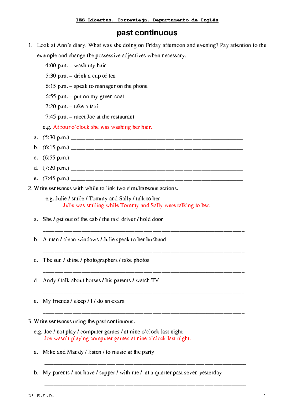 IES Libertas 2º E.S.O. Past Continuous Review Exercises - Studocu