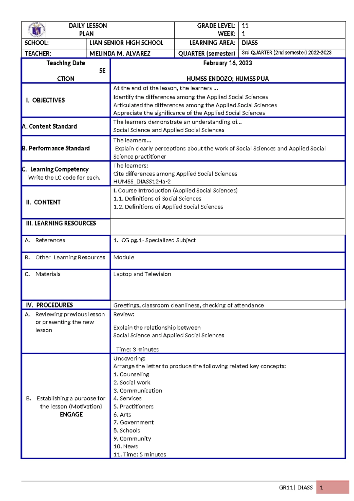 Wk1-D2 DIASS Daily Lesson Plan for Grade 11 Social Sciences - Studocu
