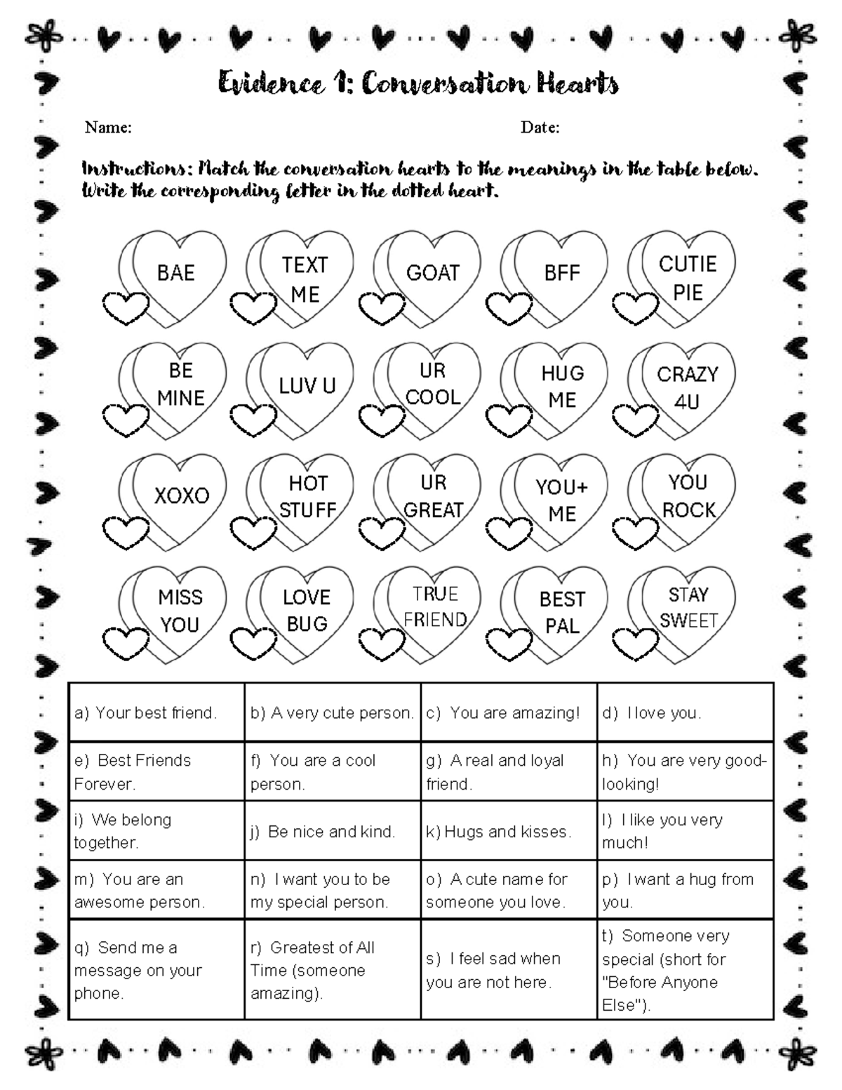 Conversation Hearts Worksheet: Matching Meanings Activity - Studocu
