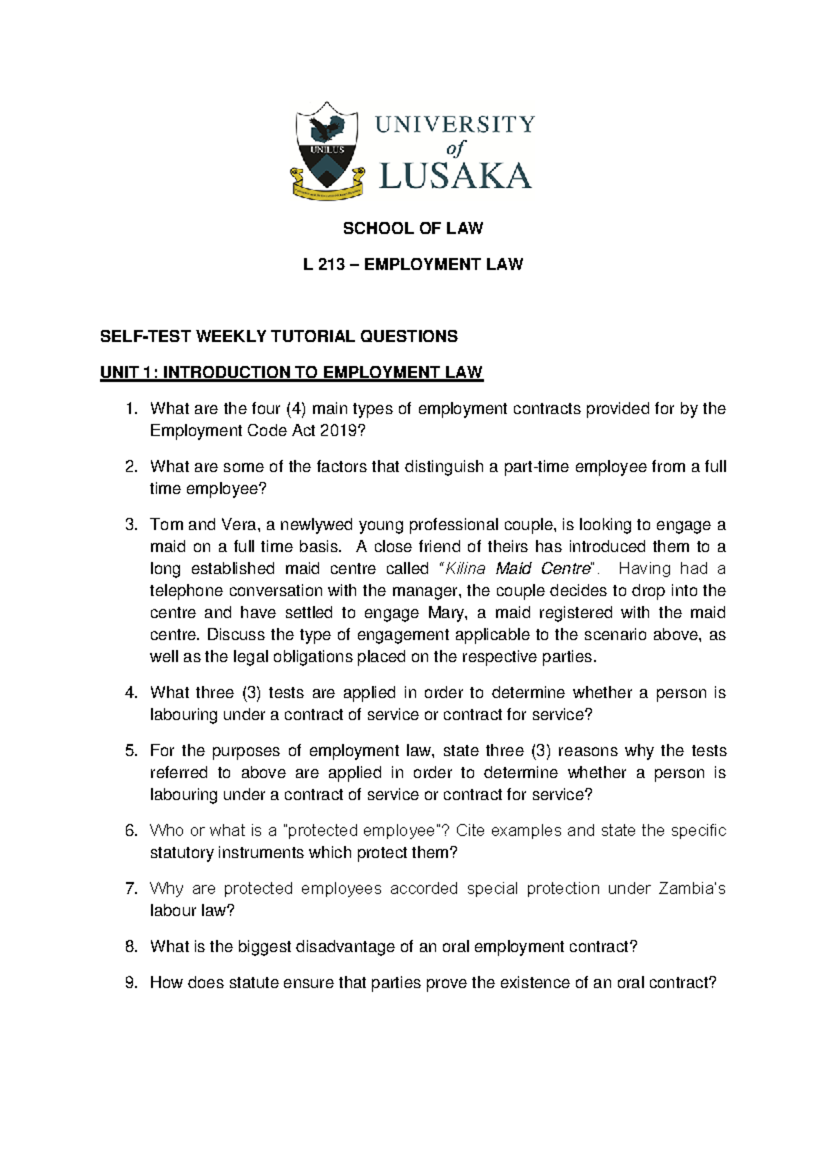 L 213 Employment Law Weekly Tutorial Questions & Exercises - Studocu