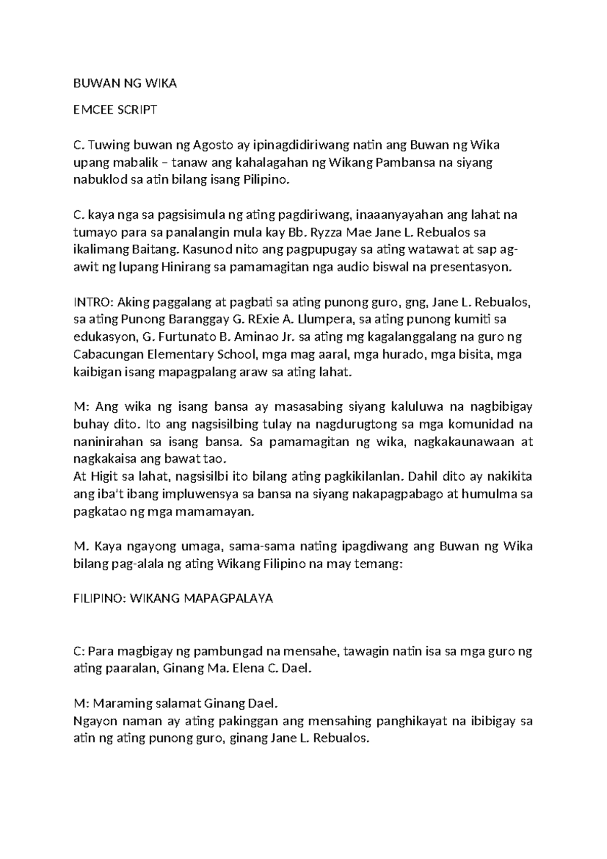 Buwan ng Wika Emcee Script para sa Pagdiriwang ng Wika - Studocu