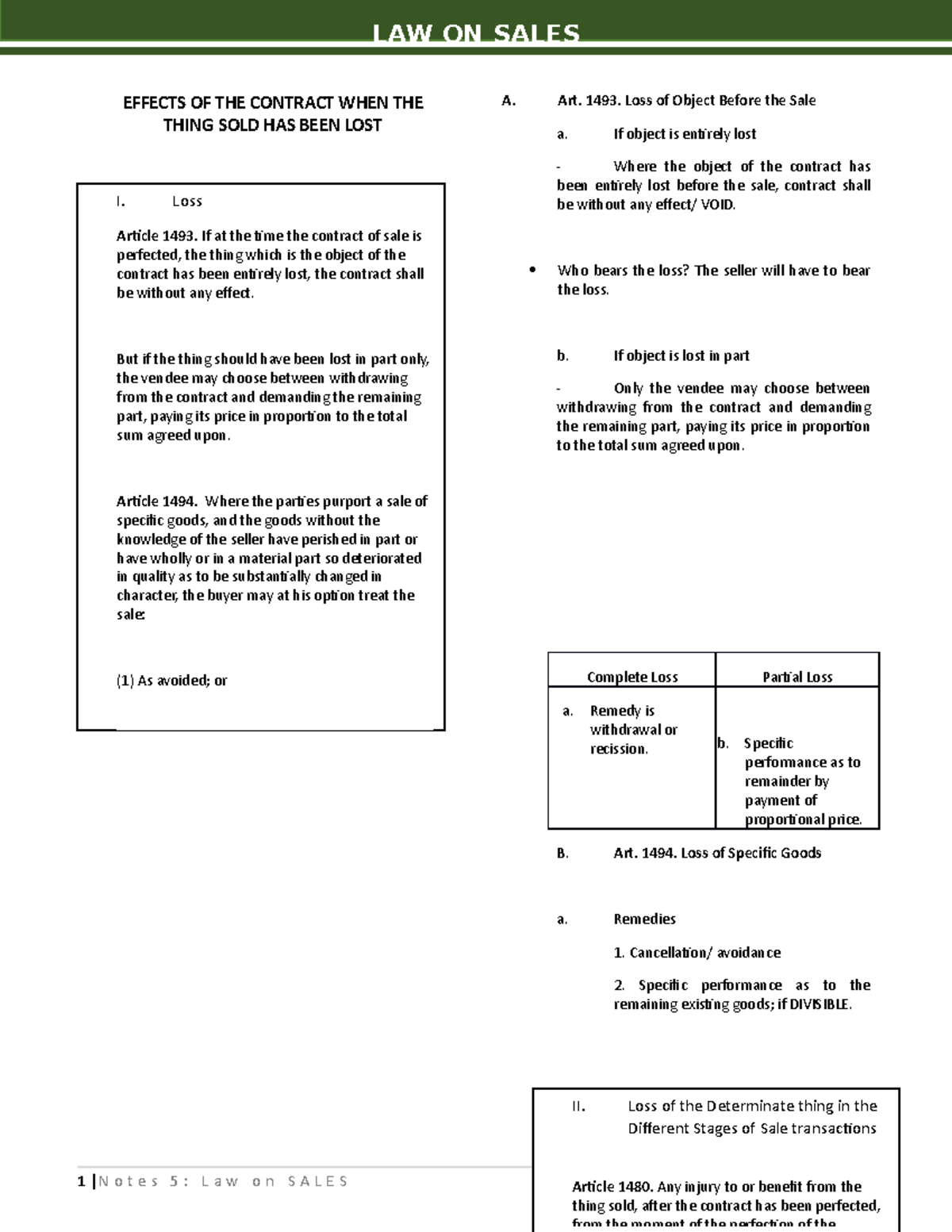 LAW 101 - EFFECTS OF CONTRACT WHEN SOLD ITEM IS LOST OR DAMAGED - Studocu
